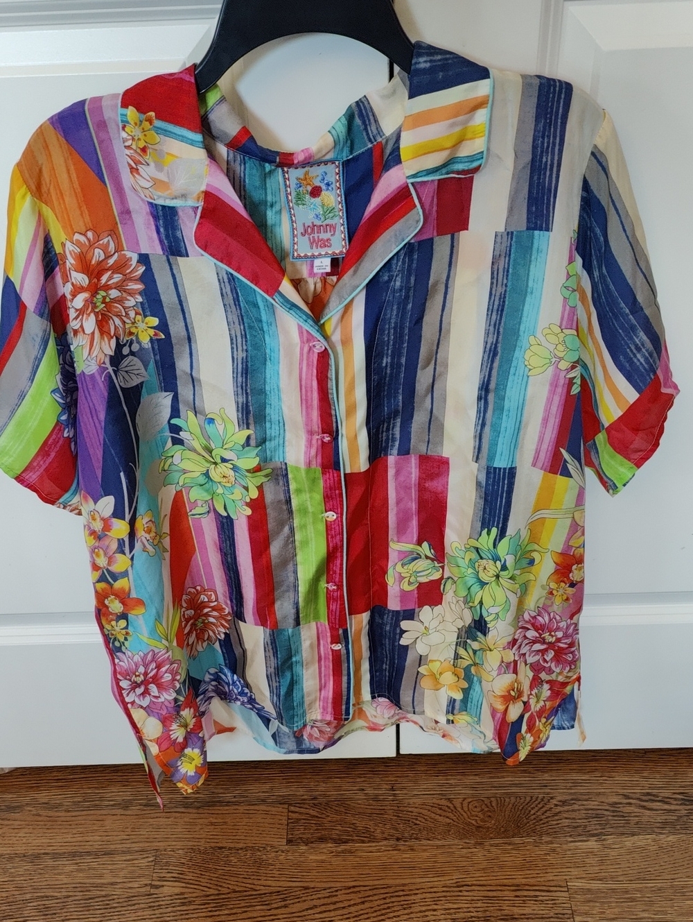 Johnny Was Silk Summer Stripe Shirt L